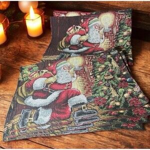 SANTA Placemats Set of 4 & Table Runner Classic CHRISTMAS Sack Gifts Tapestry